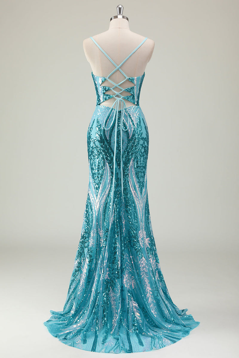 Load image into Gallery viewer, Sparkly Blue Mermaid Spaghetti Straps Long Prom Dress with Sequins