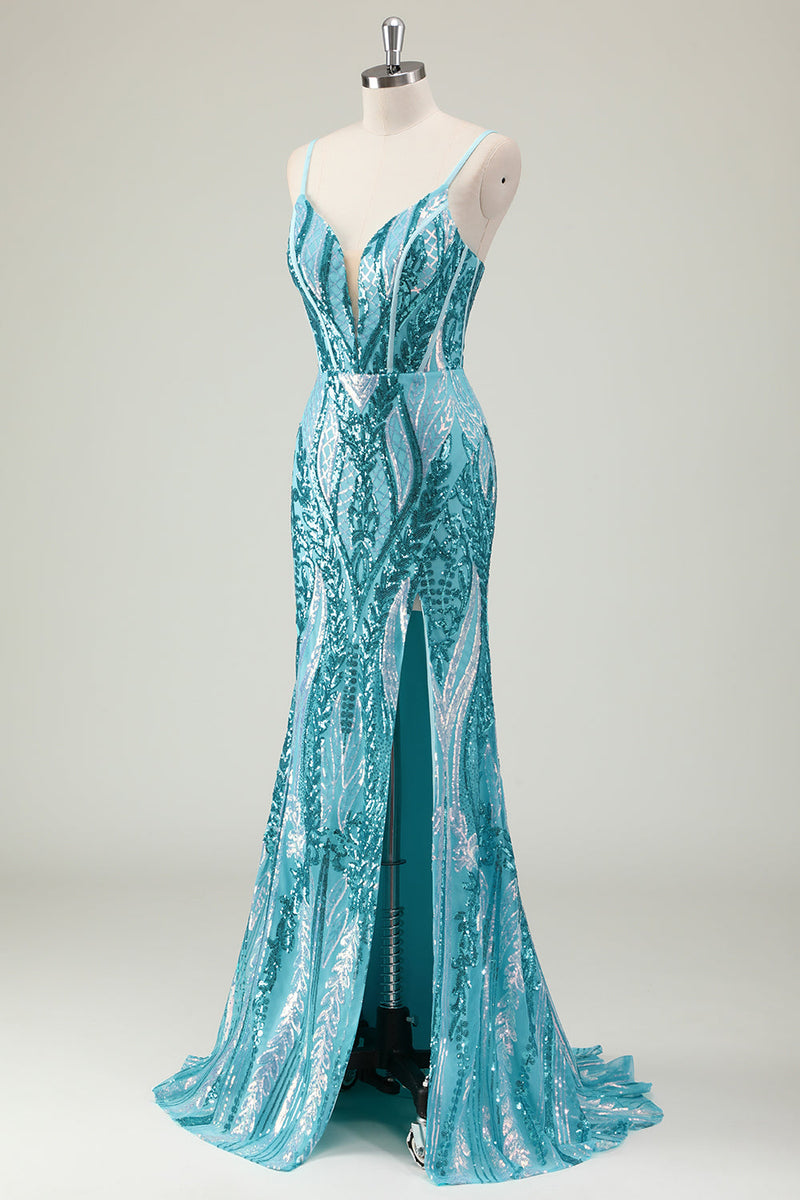 Load image into Gallery viewer, Sparkly Blue Mermaid Spaghetti Straps Long Prom Dress with Sequins