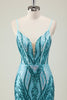 Load image into Gallery viewer, Sparkly Blue Mermaid Spaghetti Straps Long Prom Dress with Sequins