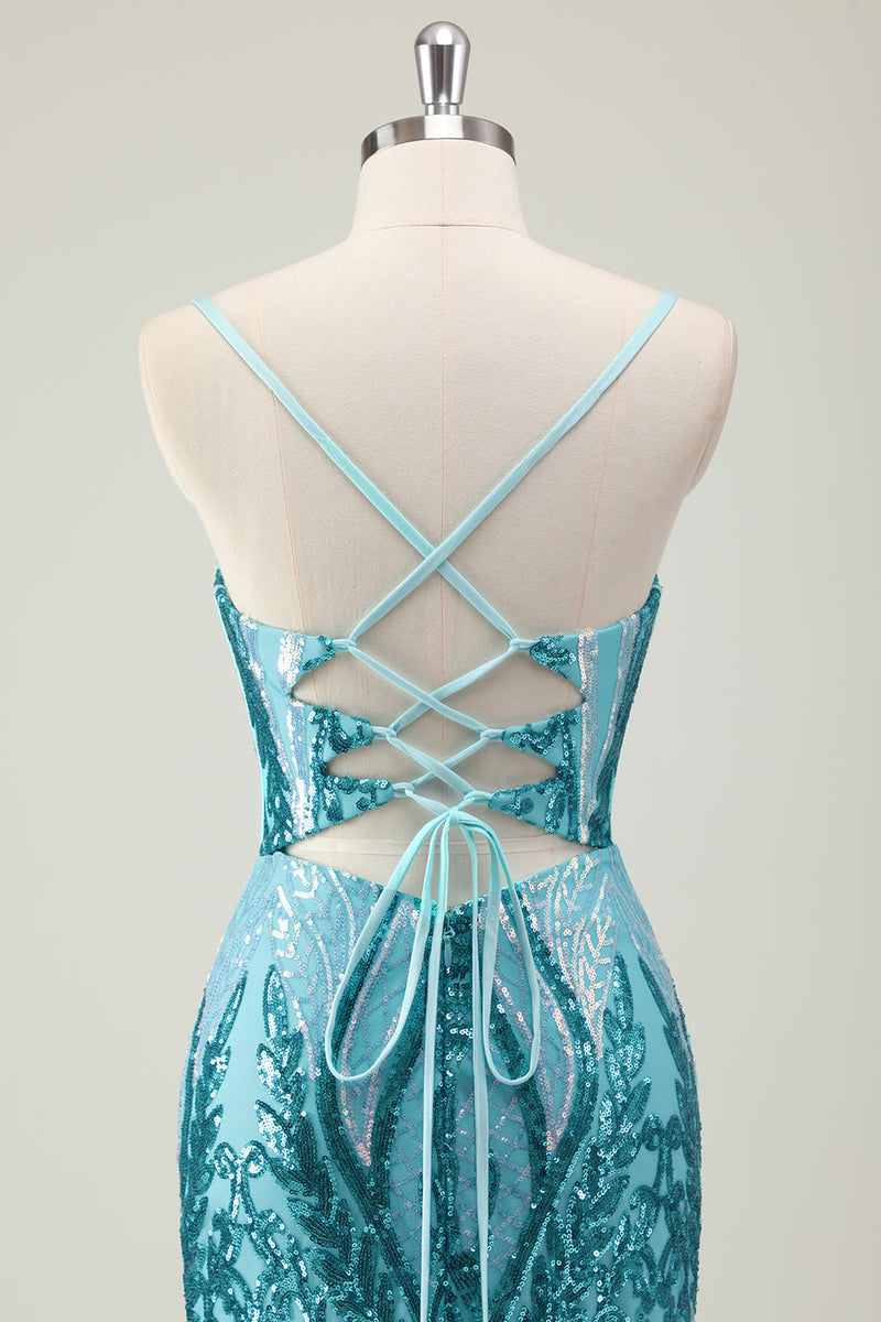 Load image into Gallery viewer, Sparkly Blue Mermaid Spaghetti Straps Long Prom Dress with Sequins