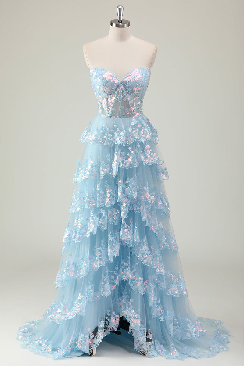 Load image into Gallery viewer, Glitter Blue A Line Strapless Sequin Corset Tiered Long Prom Dress