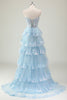 Load image into Gallery viewer, Glitter Blue A Line Strapless Sequin Corset Tiered Long Prom Dress