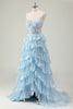 Load image into Gallery viewer, Glitter Blue A Line Strapless Sequin Corset Tiered Long Prom Dress