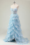 Glitter Blue A Line Strapless Sequin Corset Tiered Long Prom Dress