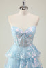 Load image into Gallery viewer, Glitter Blue A Line Strapless Sequin Corset Tiered Long Prom Dress