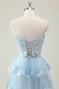 Load image into Gallery viewer, Glitter Blue A Line Strapless Sequin Corset Tiered Long Prom Dress