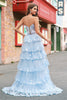 Load image into Gallery viewer, Strapless Blue A Line Sequin Corset Tiered Long Prom Dress