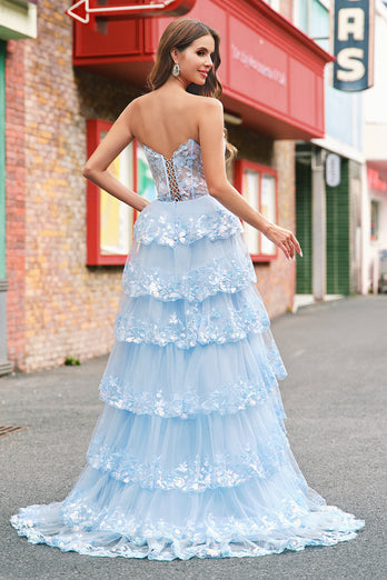 Strapless Blue A Line Sequin Corset Tiered Long Prom Dress