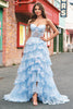 Load image into Gallery viewer, Strapless Blue A Line Sequin Corset Tiered Long Prom Dress