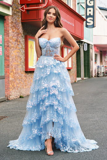 Strapless Blue A Line Sequin Corset Tiered Long Prom Dress