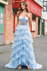 Load image into Gallery viewer, Strapless Blue A Line Sequin Corset Tiered Long Prom Dress