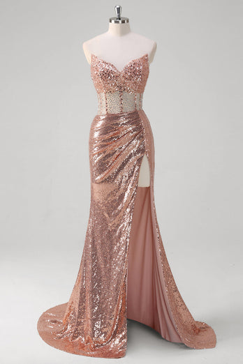 Sparkly Rose Golden Mermaid Corset Long Prom Dress With Sequins