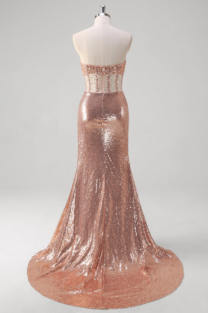 Load image into Gallery viewer, Sparkly Rose Golden Mermaid Corset Long Prom Dress With Sequins