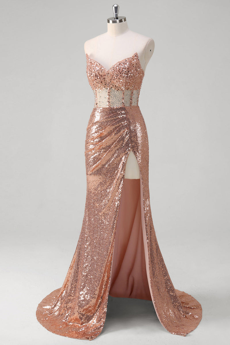 Load image into Gallery viewer, Sparkly Rose Golden Mermaid Corset Long Prom Dress With Sequins