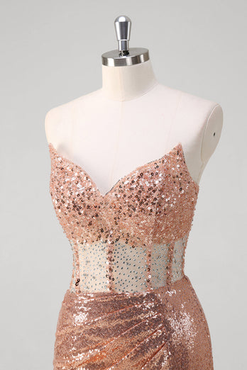 Sparkly Rose Golden Mermaid Corset Long Prom Dress With Sequins