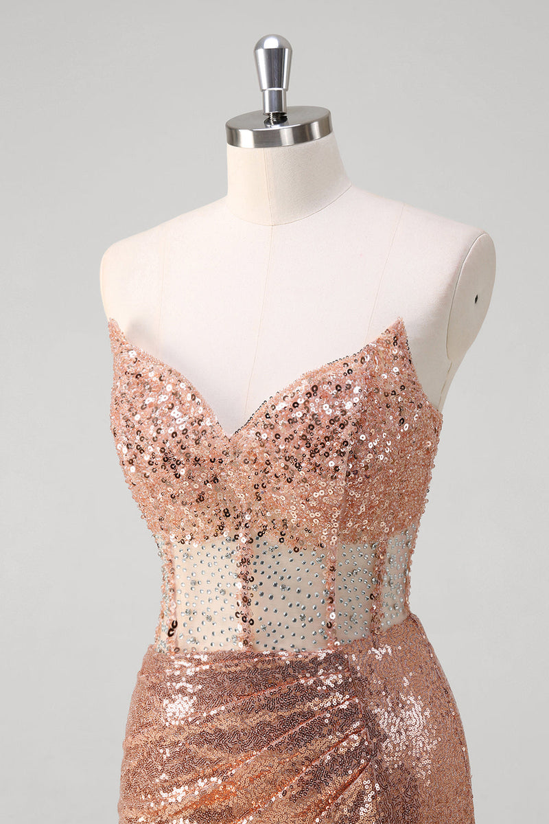 Load image into Gallery viewer, Sparkly Rose Golden Mermaid Corset Long Prom Dress With Sequins