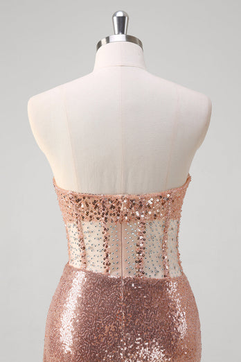 Sparkly Rose Golden Mermaid Corset Long Prom Dress With Sequins