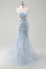 Load image into Gallery viewer, Blue Mermaid Spaghetti Straps Tulle Long Corset Prom Dress with 3D Flowers