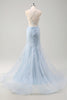 Load image into Gallery viewer, Blue Mermaid Spaghetti Straps Tulle Long Corset Prom Dress with 3D Flowers