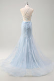 Blue Mermaid Corset Tulle Long Plus Size Prom Dress with 3D Flowers
