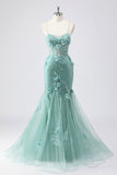 Green Mermaid Corset 3D Flowers Plus Size Long Prom Dress with Lace Up Back