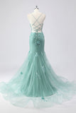 Green Mermaid Corset 3D Flowers Plus Size Long Prom Dress with Lace Up Back