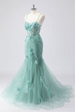 Green Mermaid Corset 3D Flowers Plus Size Long Prom Dress with Lace Up Back