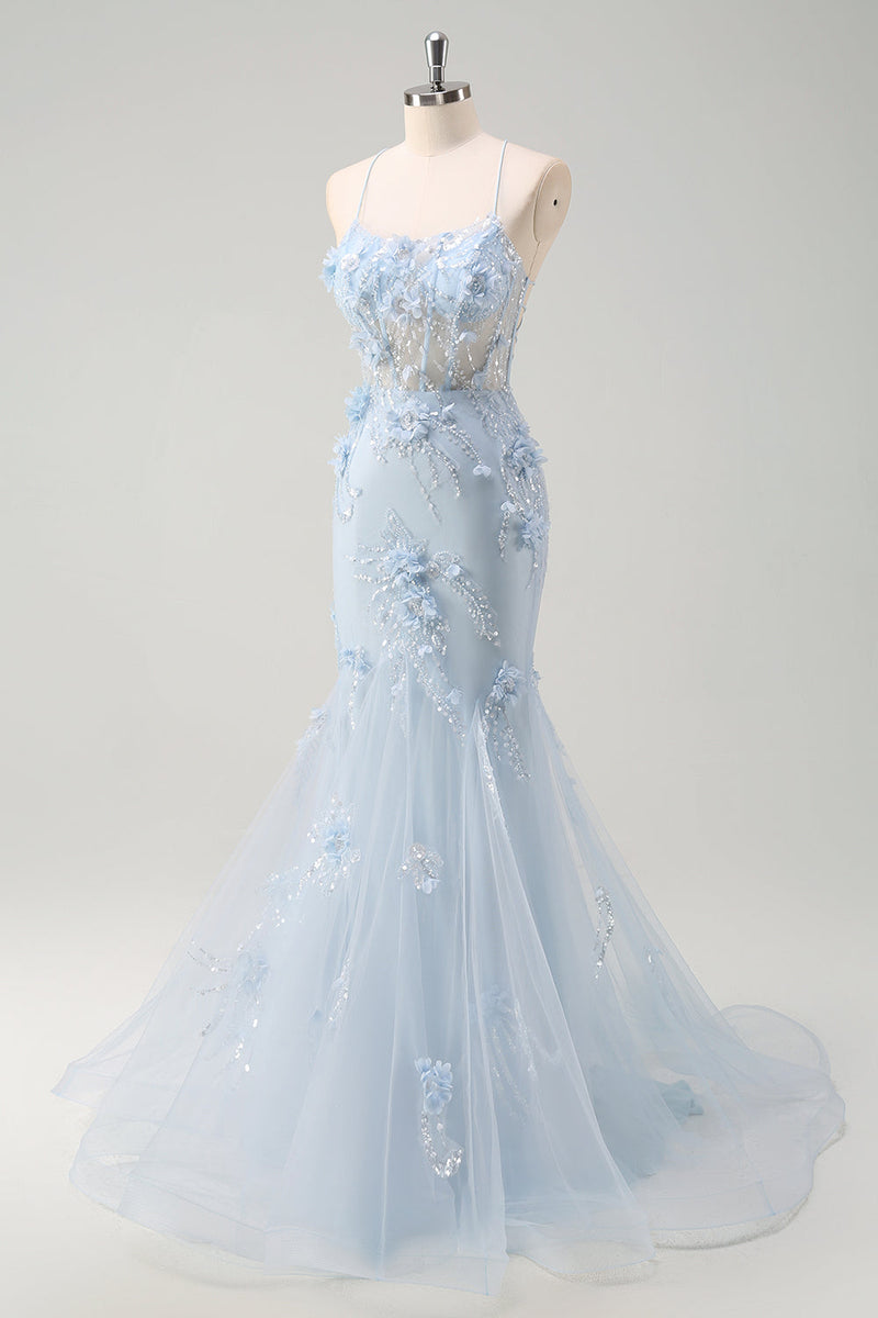 Load image into Gallery viewer, Blue Mermaid Spaghetti Straps Tulle Long Corset Prom Dress with 3D Flowers