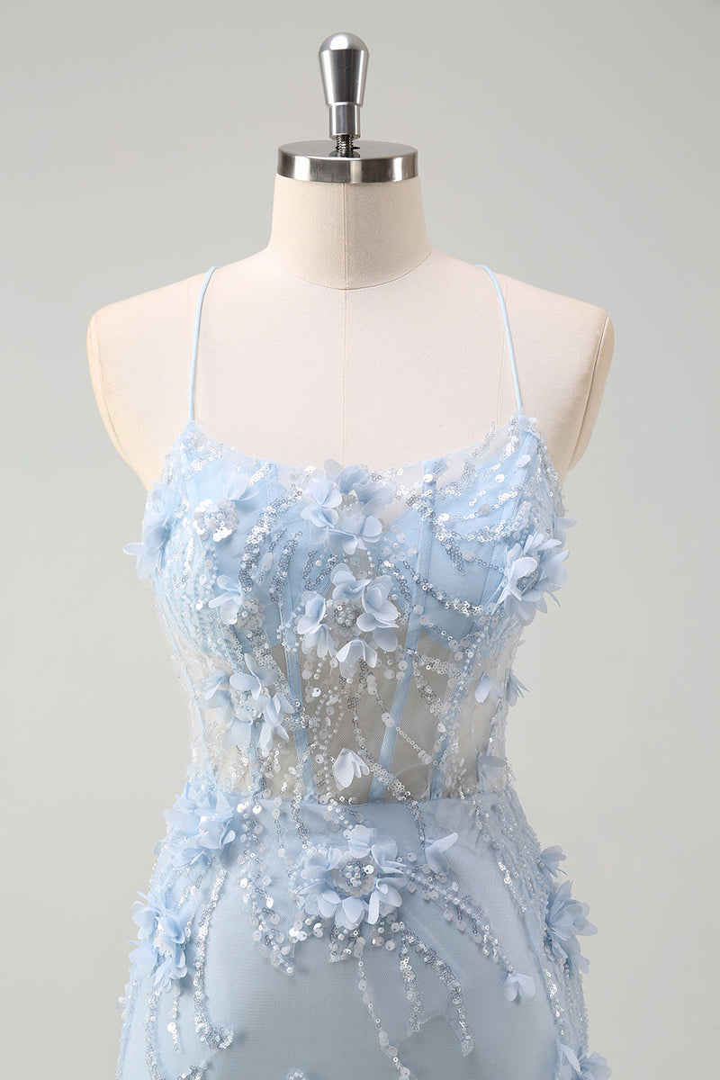 Load image into Gallery viewer, Blue Mermaid Spaghetti Straps Tulle Long Corset Prom Dress with 3D Flowers