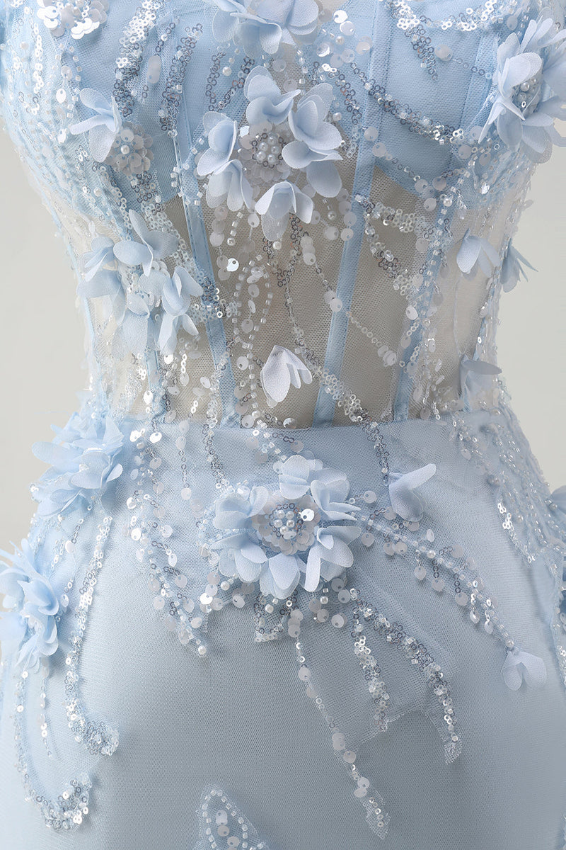 Load image into Gallery viewer, Blue Mermaid Spaghetti Straps Tulle Long Corset Prom Dress with 3D Flowers