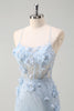 Load image into Gallery viewer, Blue Mermaid Spaghetti Straps Tulle Long Corset Prom Dress with 3D Flowers