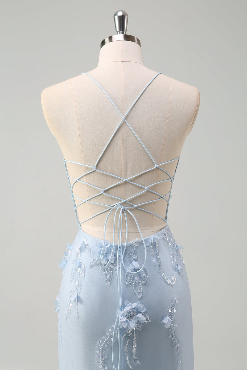 Load image into Gallery viewer, Blue Mermaid Spaghetti Straps Tulle Long Corset Prom Dress with 3D Flowers