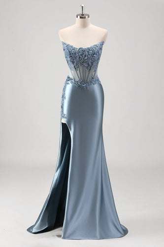 Sparkly Grey Blue Mermaid Beaded Strapless Metallic Prom Dress with Slit