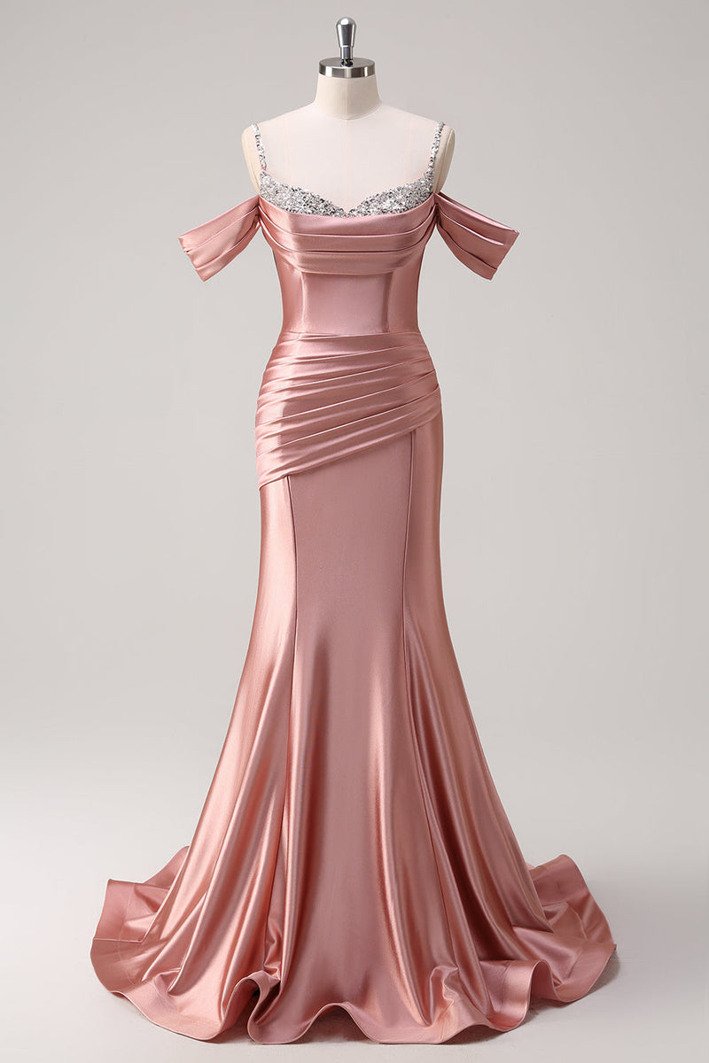 Load image into Gallery viewer, Glitter Blush Mermaid Beaded Spaghetti Straps Long Prom Dress