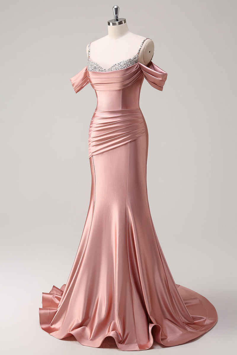 Load image into Gallery viewer, Glitter Blush Mermaid Beaded Spaghetti Straps Long Prom Dress