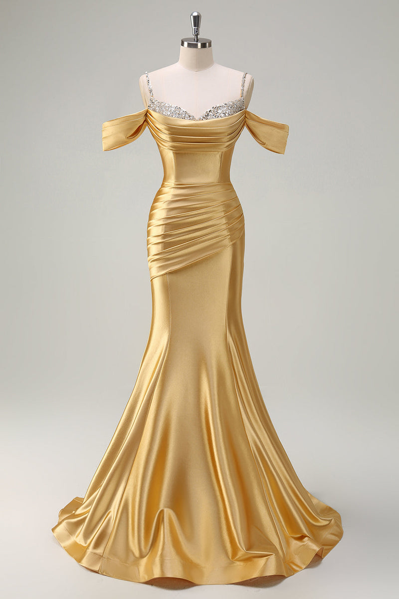 Load image into Gallery viewer, Golden Mermaid Cold Shoulder Sequined Ruched Satin Long Prom Dress