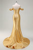 Load image into Gallery viewer, Golden Mermaid Cold Shoulder Sequined Ruched Satin Long Prom Dress