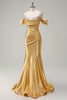 Load image into Gallery viewer, Golden Mermaid Cold Shoulder Sequined Ruched Satin Long Prom Dress