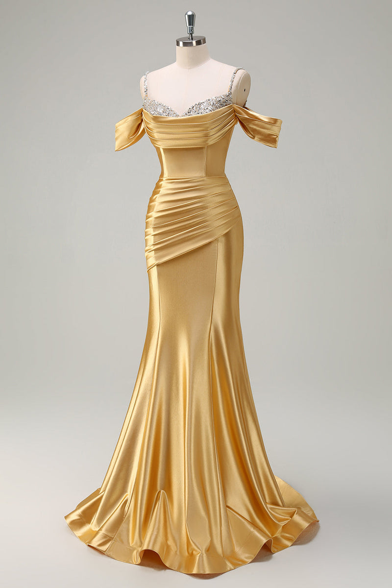 Load image into Gallery viewer, Golden Mermaid Cold Shoulder Sequined Ruched Satin Long Prom Dress