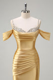 Golden Mermaid Cold Shoulder Sequined Ruched Satin Long Prom Dress