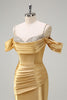 Load image into Gallery viewer, Golden Mermaid Cold Shoulder Sequined Ruched Satin Long Prom Dress