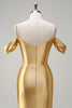 Load image into Gallery viewer, Golden Mermaid Cold Shoulder Sequined Ruched Satin Long Prom Dress