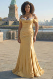 Sparkly Golden Cold Shoulder Sequined Mermaid Satin Long Plus Size Prom Dress