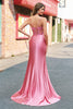 Load image into Gallery viewer, Mermaid Satin Sequined Corset Coral Long Prom Dress with Slit