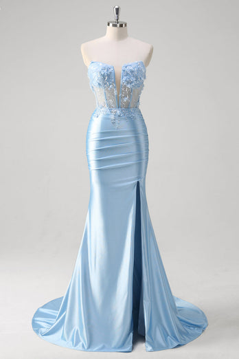 Blue Mermaid Floral Strapless Corset Long Prom Dress With Slit