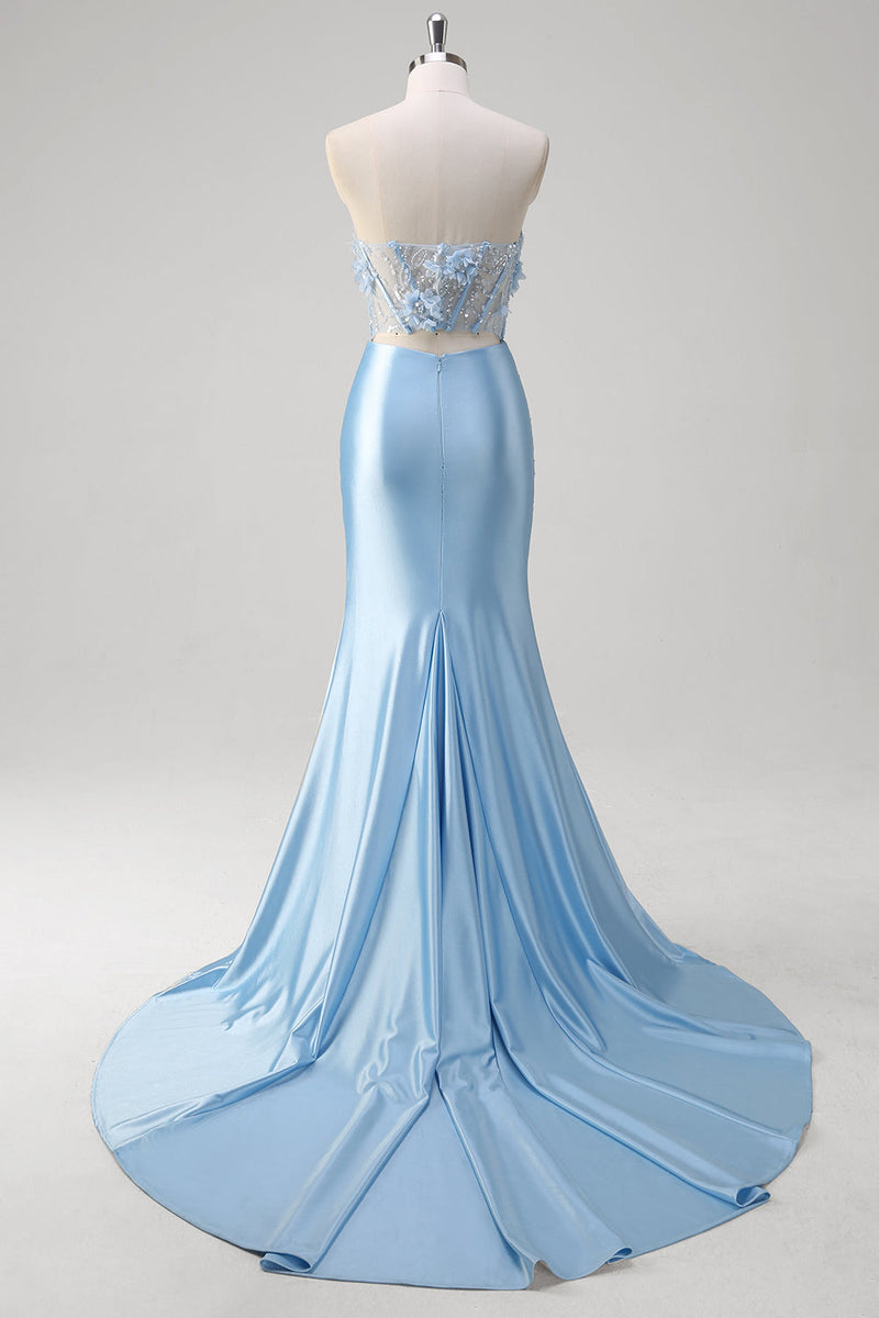 Load image into Gallery viewer, Blue Mermaid Floral Strapless Corset Long Prom Dress With Slit