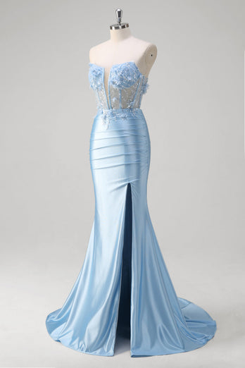 Blue Mermaid Floral Strapless Corset Long Prom Dress With Slit