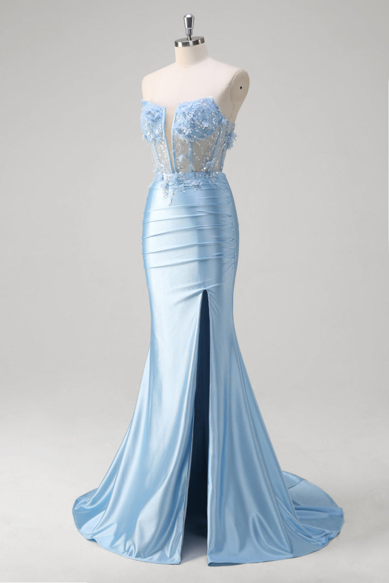 Load image into Gallery viewer, Blue Mermaid Floral Strapless Corset Long Prom Dress With Slit