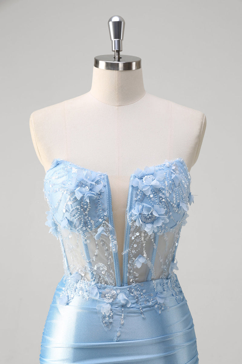 Load image into Gallery viewer, Blue Mermaid Floral Strapless Corset Long Prom Dress With Slit