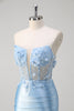 Load image into Gallery viewer, Blue Mermaid Floral Strapless Corset Long Prom Dress With Slit